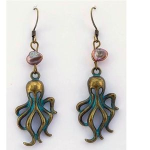 🆕 “Octo” Brass Patina/ Pearl Earrings Great Gift